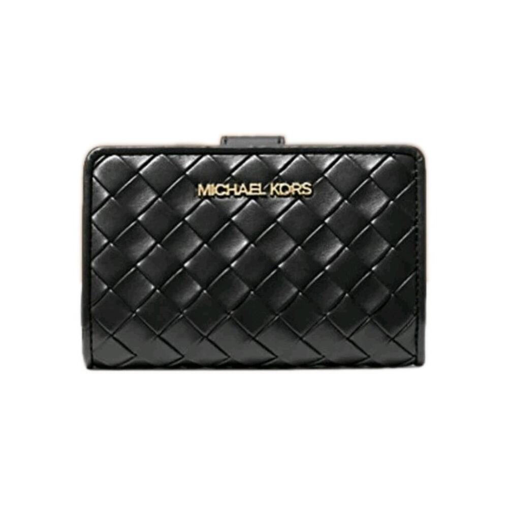 Michael Kors Jet Set Women Medium Woven Bi-Fold Zip Coin Wallet Black
